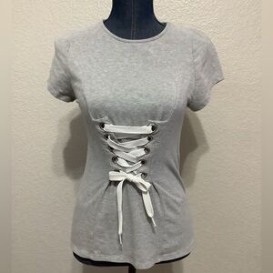 I Joah Gray Short Sleeve Blouse White Lace Up Front Juniors Size Medium